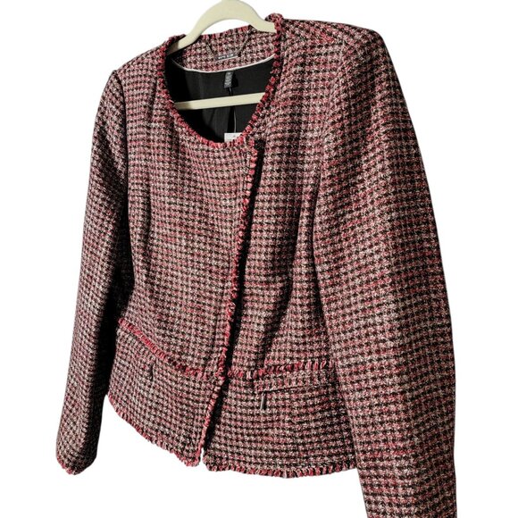 White House Black Market Red Black Tweed Fringe Moto Work Blazer Jacket Size 12 - Picture 2 of 11